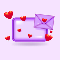 Love letter and red hearts on phone screen. 3D objects for Happy valentines day card. Vector illustration