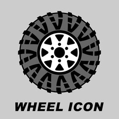 Wheel icon with off-road tyre. Flat style vector logo.