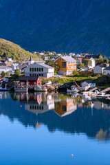 Obraz premium mountain village in the mountains, Lofoten islands, reflections in the water