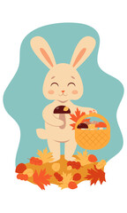 A cute funny rabbit with a basket in his hand collects mushrooms. Autumn forest. Fall Vector illustration. 2023 new year. Year of the rabbit.	
