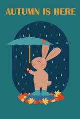 	
A cute funny rabbit in rubber boots stands in a puddle with autumn leaves in the rain and holds an umbrella in his hands. Autumn vector illustration. 2023 new year of rabbit.