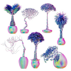 Set of 7 beautiful detailed bonsai Japanese trees in iridescent colors. Set of detailed 3D elements in very high resolution with full transparency. Colorful 3D abstract illustration
