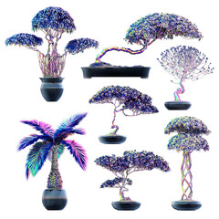 Set of 7 beautiful detailed bonsai Japanese trees in iridescent colors. Set of detailed 3D elements in very high resolution with full transparency. Colorful 3D abstract illustration