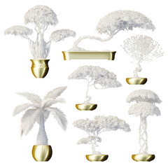 Set of 7 beautiful detailed bonsai Japanese trees in moonlight glass and golden colors. Set of detailed 3D elements in very high resolution with full transparency. Bright 3D abstract illustration