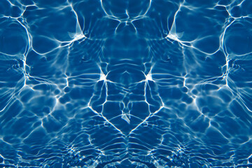 Defocus blurred transparent blue colored clear calm water surface texture with splash, bubble. Shining blue water ripple background. Surface of water in swimming pool. Blue bubble water shining.