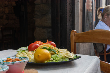 Close up of Fresh Food on the Table of a Restaurant in the Street in the Center of Rome