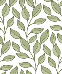 Vector pattern with intertwined branches with foliage on a white background. Botanical texture with doodle hand drawn leaves and stems.