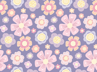 Fototapeta na wymiar Delicate vector pattern with flat hand drawn flowers on lavender background. Tender cartoon ditsy background. Simple pastel floral texture