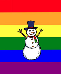 A hand drawn of a gay snowman on rainbow pride flag background, to celebrate Christmas holidays