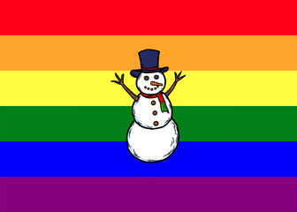 A hand drawn of a gay snowman on rainbow pride flag background, to celebrate Christmas holidays