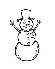 Black and white line drawing of snowman in Christmas holiday celebration