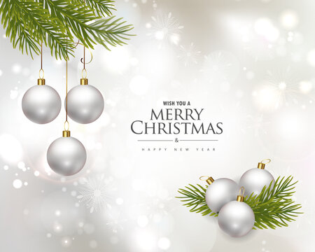 silver Christmas symbols and text. Christmas tree, gift, decoration and other festive elements on white background.