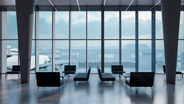 Architectural 3d rendering of business class waiting area at the airport terminal illustration