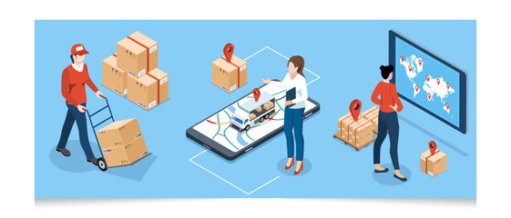 Fototapeta na wymiar 3D isometric Global logistics network concept with Transportation operation service, Export, Import, Cargo, Air, Road, Maritime delivery. Vector illustration EPS 10