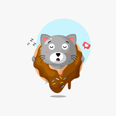 Cute cat sleeping on a donut illustration icon