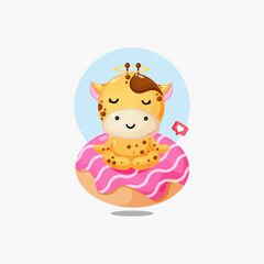 Cute giraffe doing yoga with donut illustration icon