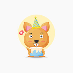 Cute kangaroo character with birthday cake icon illustration