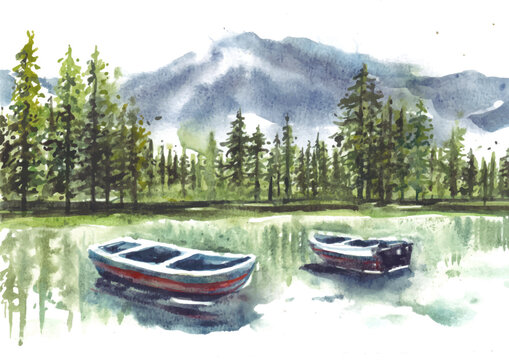 Reflection of pine forest and boats in lake watercolor