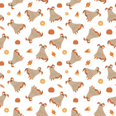 Ghost dog Halloween pattern. Cute beige spooky dog Halloween seamless pattern. Trick or treat dog in a ghost costume repeated background. Halloween sweets, candies, puppy cartoon vector illustration.