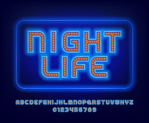 Obraz premium Night Life alphabet font. Blue neon letters, numbers and symbols. Stock vector typeface for your design.