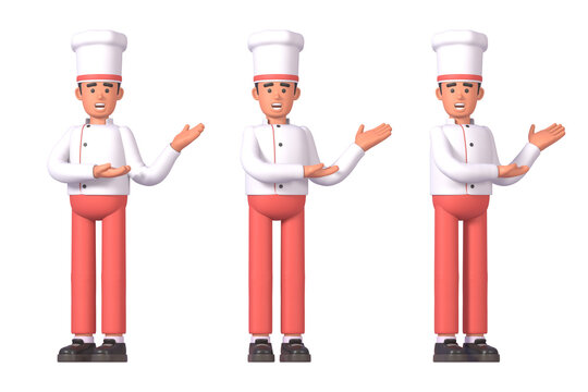 3d render of cook in white uniform pointing to side, presentation or advertise concept