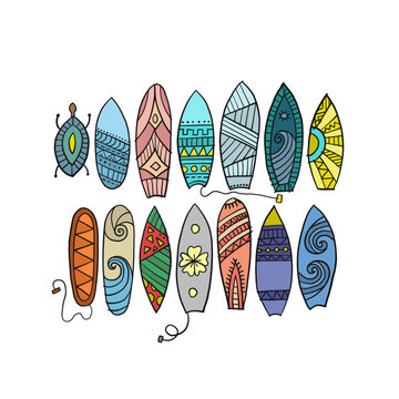 Surf boards collection, tribal ornaments for your design. Vector illustration