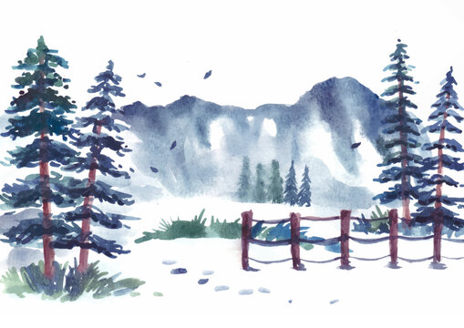 Winter landscape with garden fence watercolor