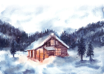 Watercolor winter landscape with house and pine trees