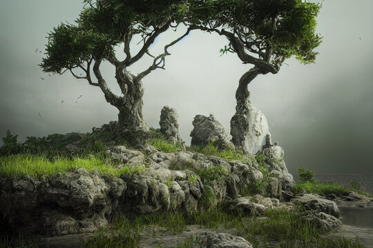 Fantasy trees growing on the stones with foggy forest. 3D rendering