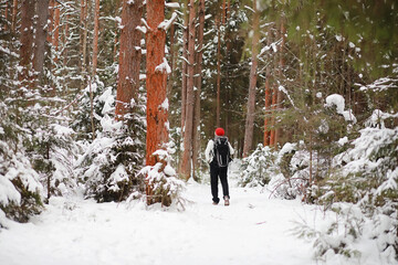 A man travels with a backpack. Winter hike in the forest. Tourist on a walk in the winter in the park.