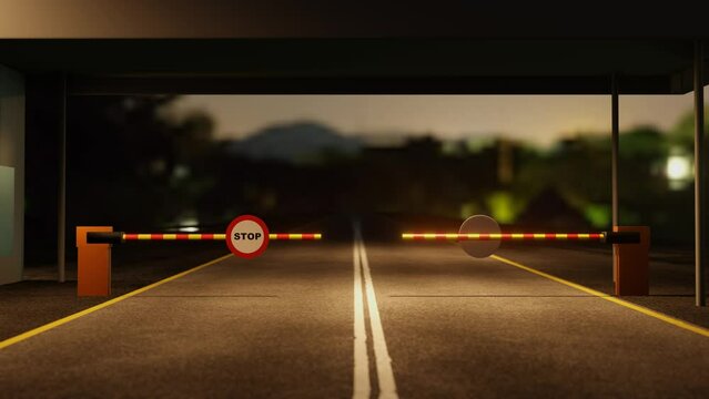 Toll checkpoint barriers lowered with stop sign. 3D rendering seamless looping animation.