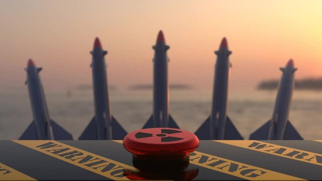 Nuclear weapon launch button 3d rendering illustration. Atomic bomb launch button closeup with pattern of missiles.