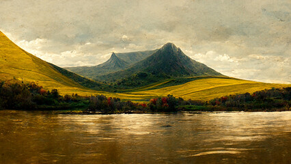 Fototapeta na wymiar Beautiful and colorful landscape background, mountain and river, with golden ratio. 3D rendering