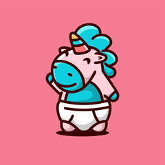 Cute baby unicorn mascot cartoon character, flat design style