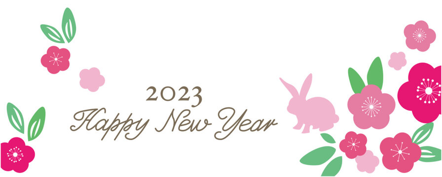 2023 New year decoration illustration. Happy new year lettering decoration with rabbit and flowers. Chinese and asian new year illustration. Vector illustration.