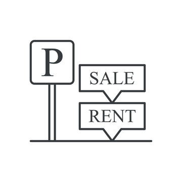 Parking space rent and sale icon. A simple line drawing of a parking space with a simultaneous lease and sale mark. Isolated vector on white background.
