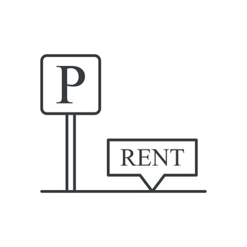 Parking space rental icon. Simple linear image of a parking place with a sign for rent. Isolated vector on white background.