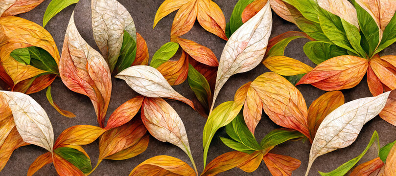 Autumn leaves pattern with exotic leaves on white background. 3D rendering