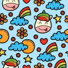 Cartoon doodle unicorn seamless pattern design