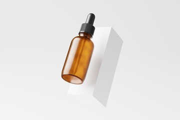 Amber Glass Dropper Bottle 3D Rendering White Blank Mockup