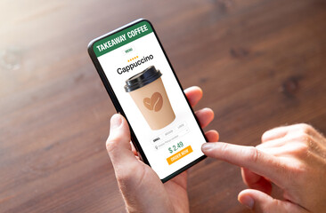 Person ordering coffee online for takeaway on mobile phone - obrazy, fototapety, plakaty
