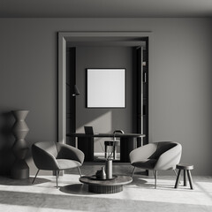 Office interior with relax area and workspace with laptop. Mockup frame
