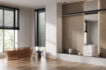 Fototapeta na wymiar Stylish bathroom interior with bathtub and sink, decor and window