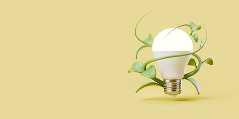 Light bulb with grass on light background. Copy space