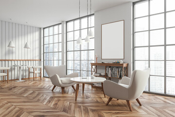 Corner view on modern bright cafe interior with white poster