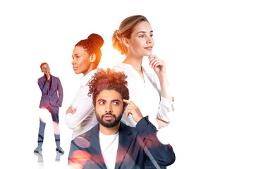 Diverse business people working together, pensive look on white background