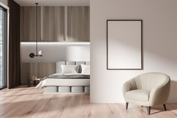 Light bedroom interior with soft place and sleep room. Mockup frame