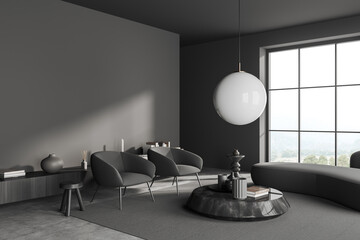 Grey chill interior with couch and armchair with window. Mockup empty wall