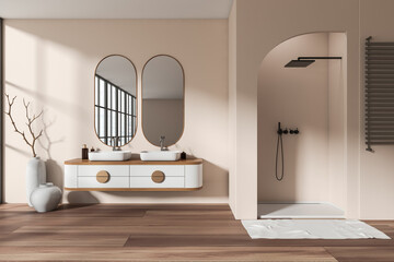 Front view on bright bathroom interior with shower, two mirrors