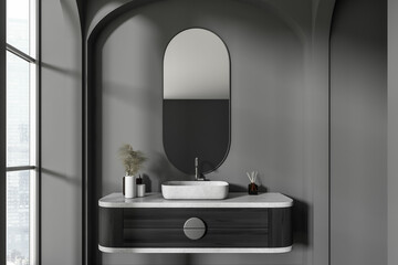 Front view on dark bathroom interior with mirror, panoramic window